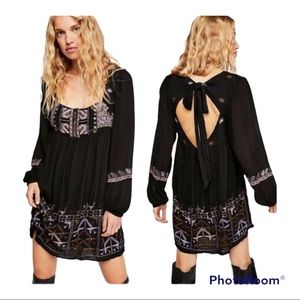 NWT Free People Rhiannon Black Boho Gauze Embroidered Open Back Mini D…